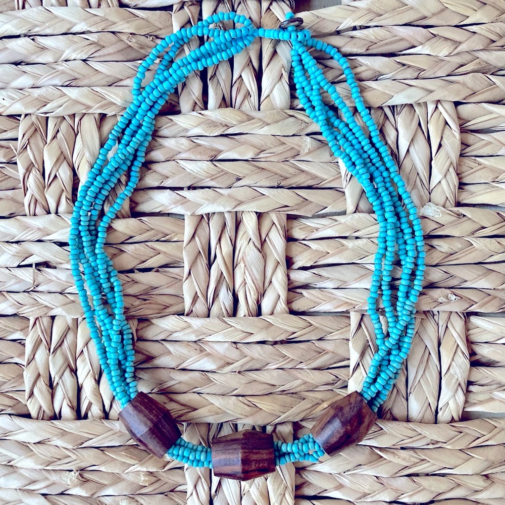 Boho Turquoise 5-Strand Necklace w/ Wooden Beads